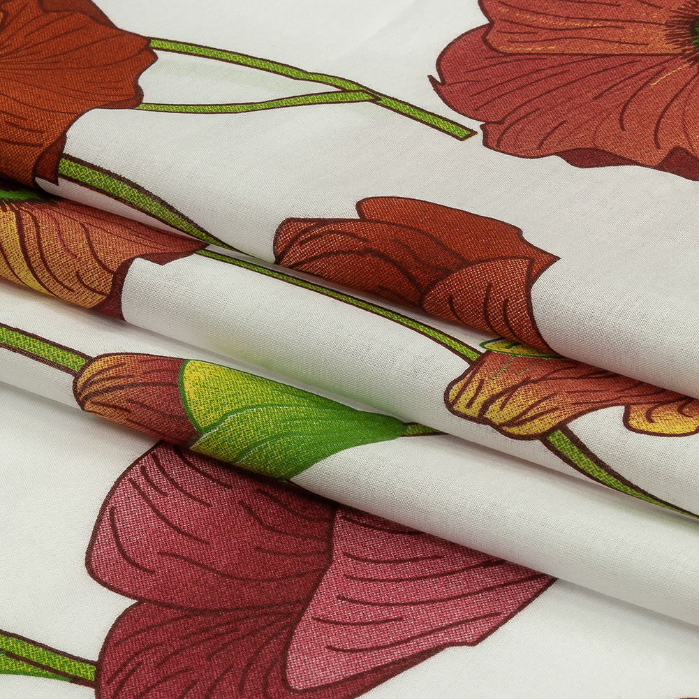 Red, Orange and Green Big Poppies Cotton Lawn - Folded Red, Orange and Green Big Poppies Cotton Lawn - Folded