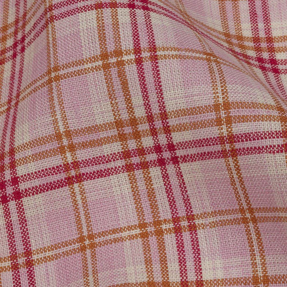 Pink, Orange and Cream Plaid Lightweight Linen Woven - Detail Pink, Orange and Cream Plaid Lightweight Linen Woven - Detail