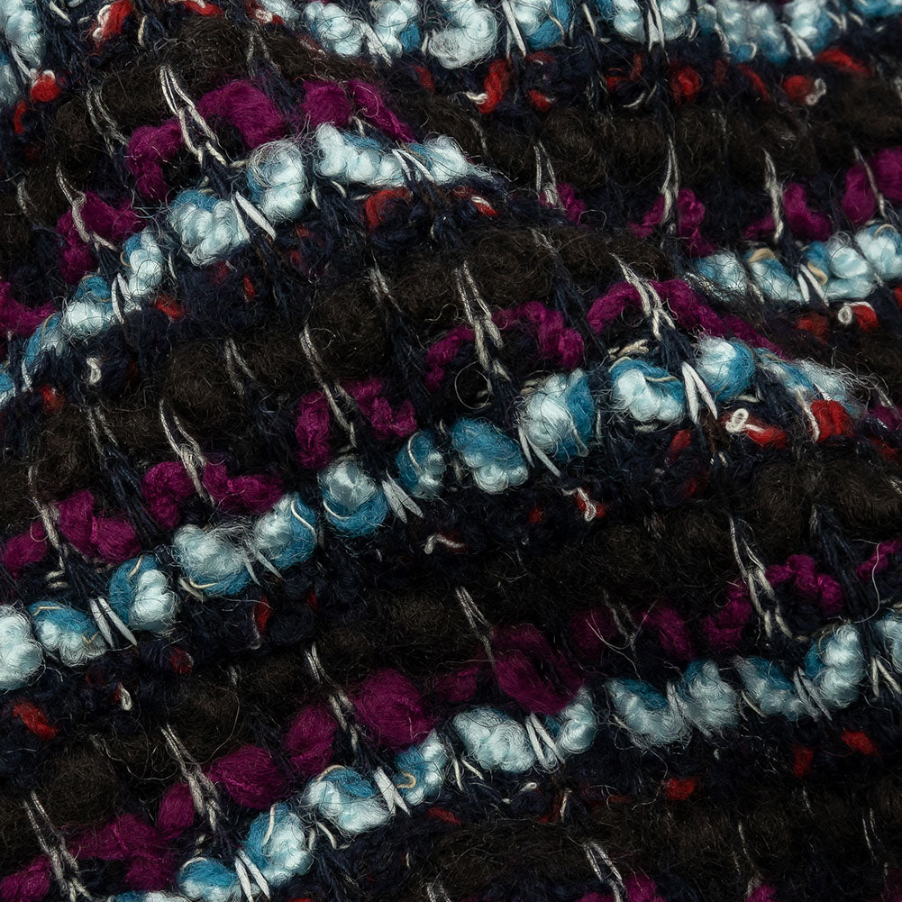 Navy, Sky Blue and Red Violet Striped Boucle Chunky Wool Sweater Knit Detail Navy, Sky Blue and Red Violet Striped Boucle Chunky Wool Sweater Knit Detail