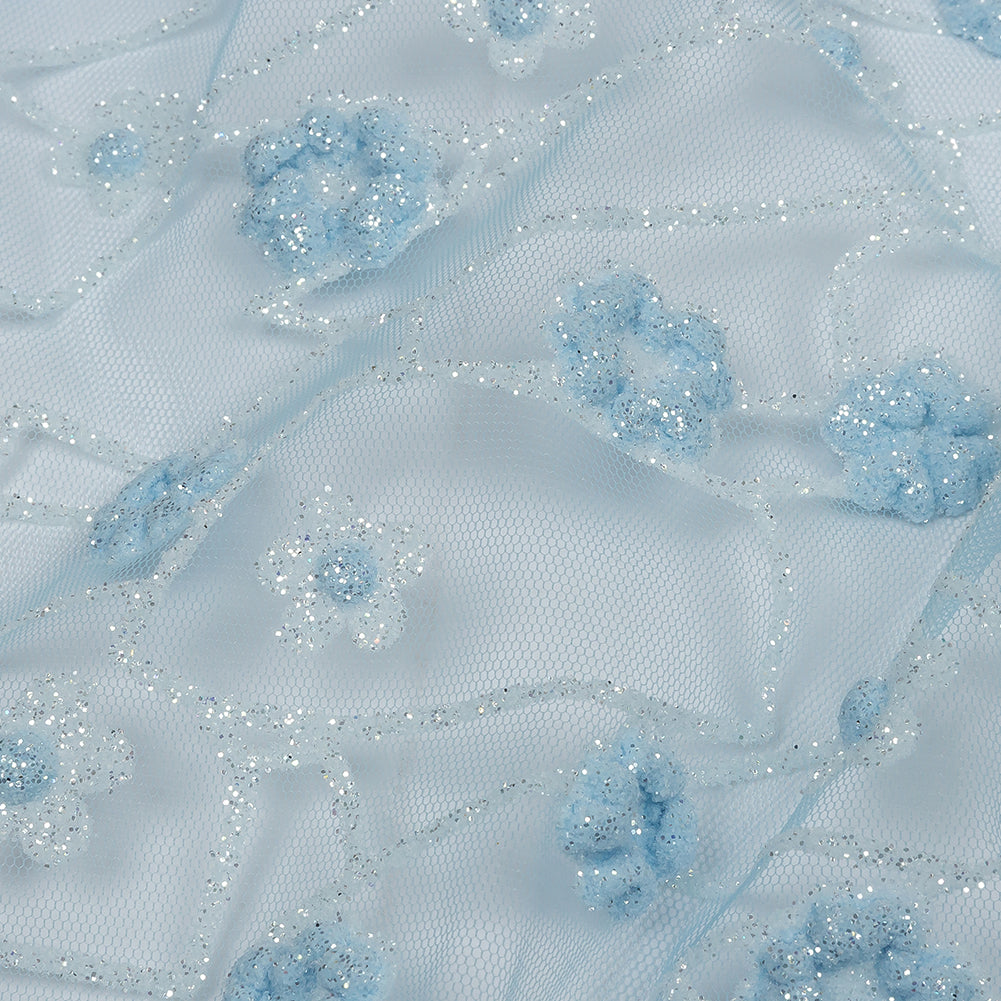 3D Puffy Glitter Tulle - Baby Blue and White Flowers and Geometric Stems - Detail 3D Puffy Glitter Tulle - Baby Blue and White Flowers and Geometric Stems - Detail