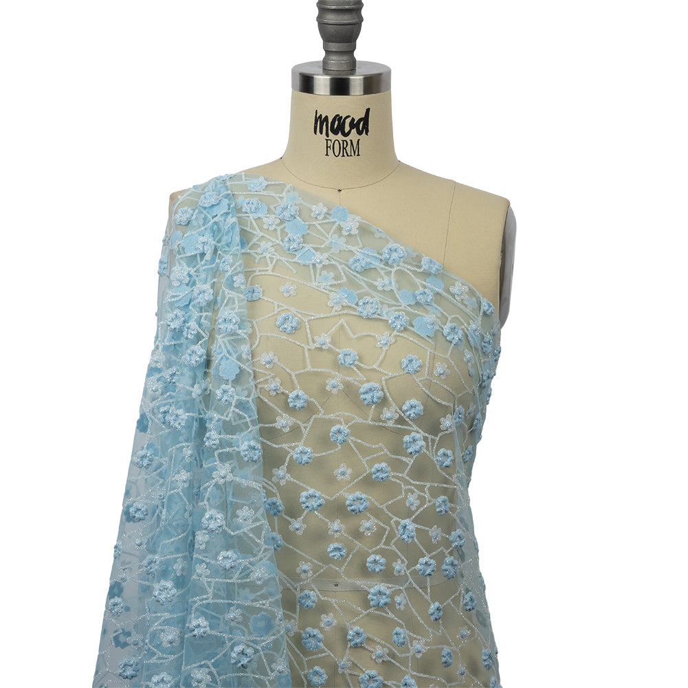 3D Puffy Glitter Tulle - Baby Blue and White Flowers and Geometric Stems - Drape 3D Puffy Glitter Tulle - Baby Blue and White Flowers and Geometric Stems - Drape