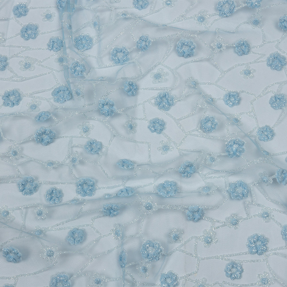 3D Puffy Glitter Tulle - Baby Blue and White Flowers and Geometric Stems 3D Puffy Glitter Tulle - Baby Blue and White Flowers and Geometric Stems
