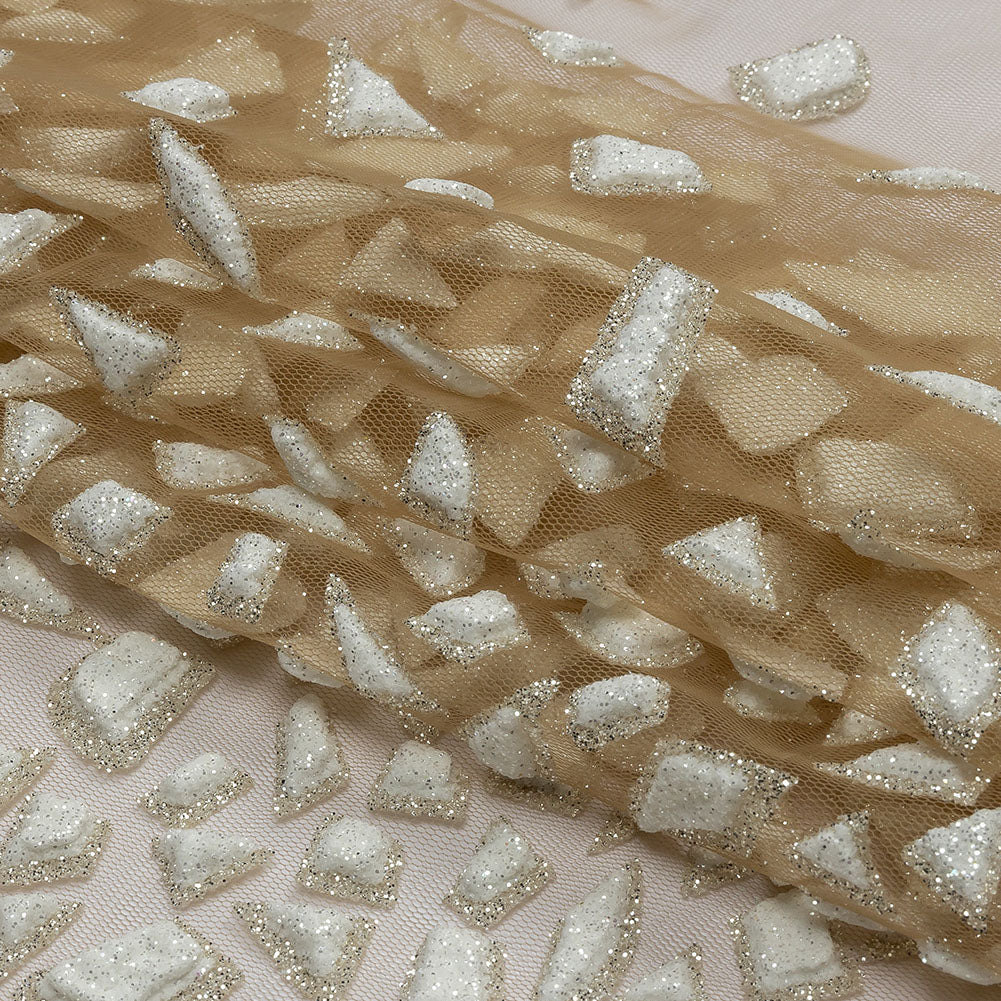 3D Puffy Glitter Tulle - Caramel and White Geometric Gradient - Folded 3D Puffy Glitter Tulle - Caramel and White Geometric Gradient - Folded