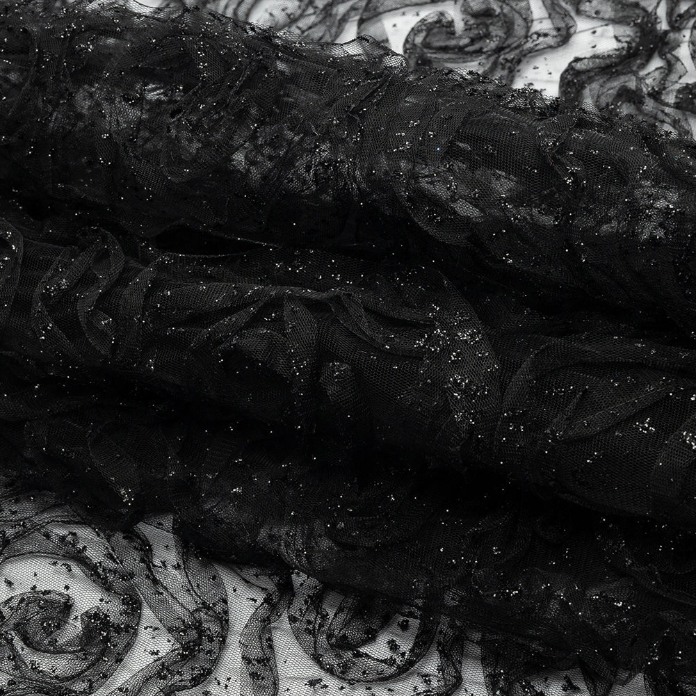 3D Fabric Roses Glitter Tulle - Black - Folded 3D Fabric Roses Glitter Tulle - Black - Folded