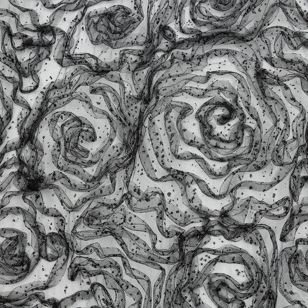 3D Fabric Roses Glitter Tulle - Black 3D Fabric Roses Glitter Tulle - Black