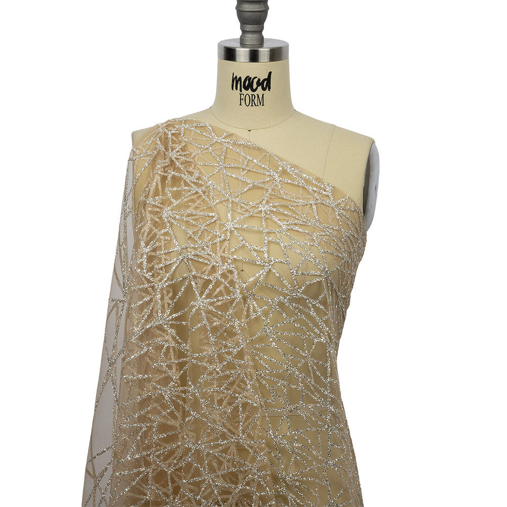 Glitter Tulle - Mink and Silver Linear Geometry - Drape Glitter Tulle - Mink and Silver Linear Geometry - Drape