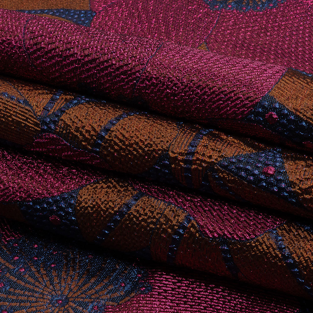Metallic Magenta, Burnt Orange and Blue Tropical Flowers Luxury Brocade - Folded Metallic Magenta, Burnt Orange and Blue Tropical Flowers Luxury Brocade - Folded