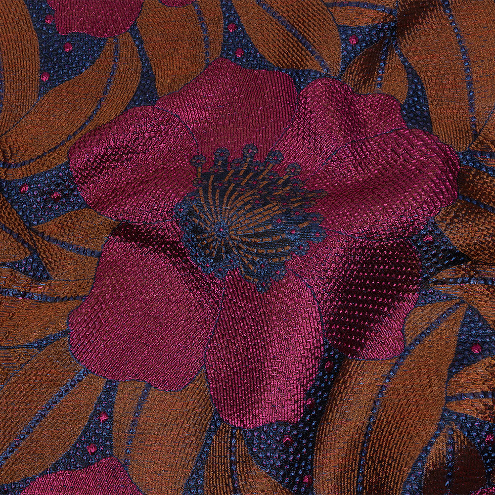Metallic Magenta, Burnt Orange and Blue Tropical Flowers Luxury Brocade Metallic Magenta, Burnt Orange and Blue Tropical Flowers Luxury Brocade