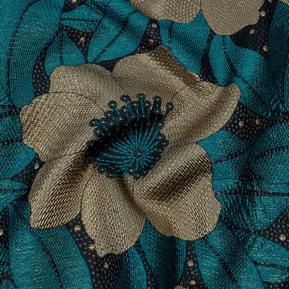 Metallic Gold, Teal and Navy Tropical Flowers Luxury Brocade Metallic Gold, Teal and Navy Tropical Flowers Luxury Brocade
