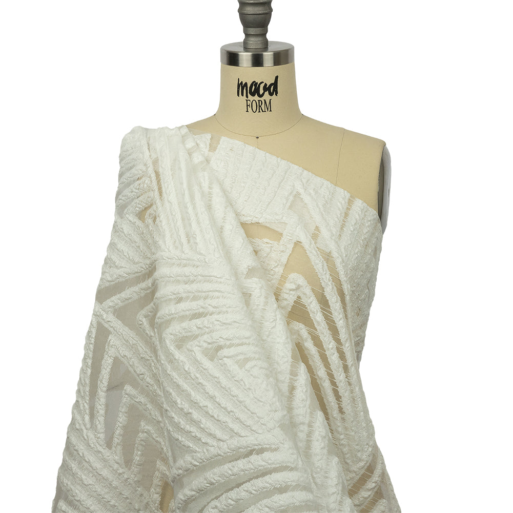 Metallic White Overlapped Nested Triangles Luxury Burnout Brocade - Drape Metallic White Overlapped Nested Triangles Luxury Burnout Brocade - Drape