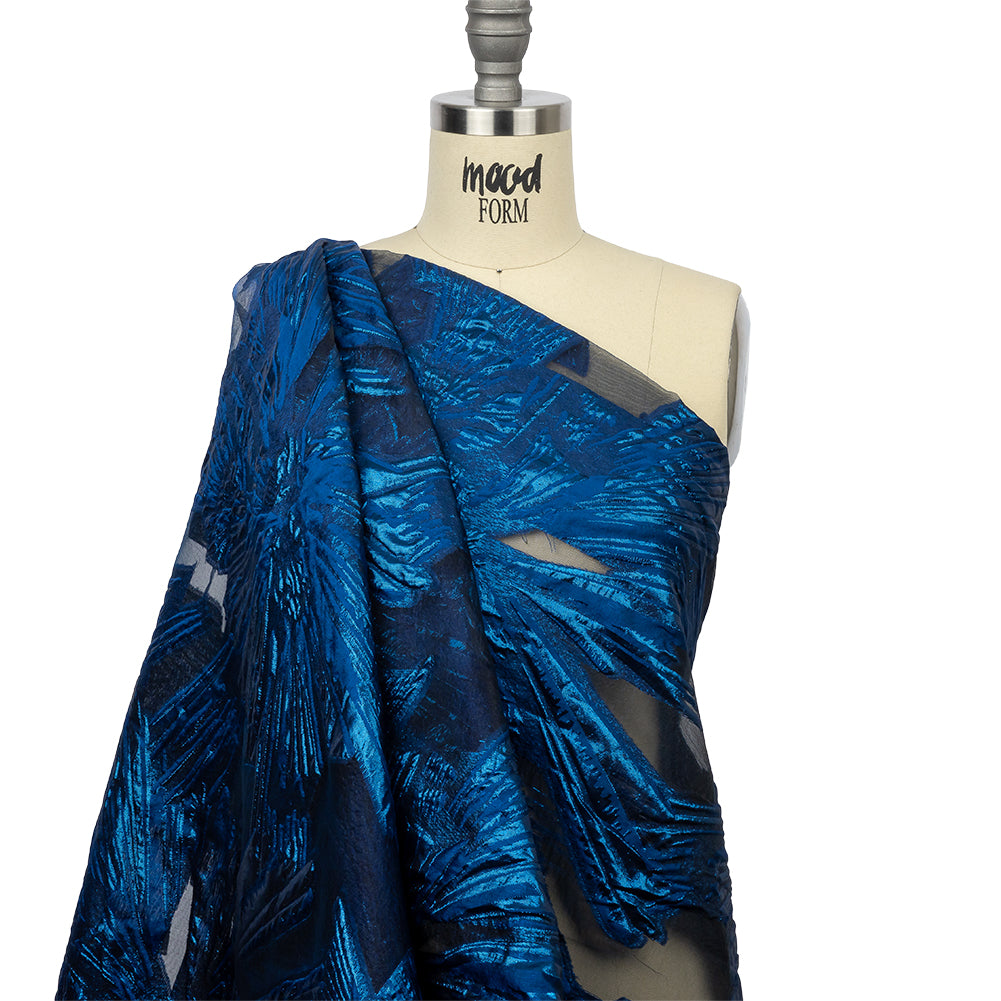 Metallic Blue Firework Flowers Luxury Burnout Brocade - Drape Metallic Blue Firework Flowers Luxury Burnout Brocade - Drape