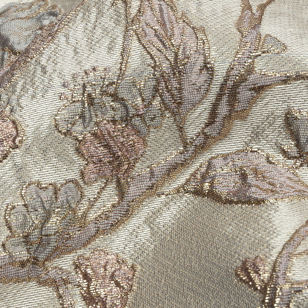 Metallic Gray, Gold and Bubblegum Pink Flowering Vines Luxury Brocade - Detail Metallic Gray, Gold and Bubblegum Pink Flowering Vines Luxury Brocade - Detail