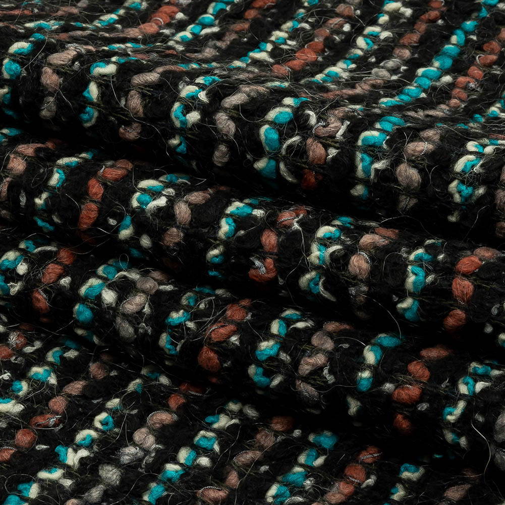 Russet, Turquoise and Black Boucle Stripes Chunky Wool Blend Sweater Knit Folded Russet, Turquoise and Black Boucle Stripes Chunky Wool Blend Sweater Knit Folded
