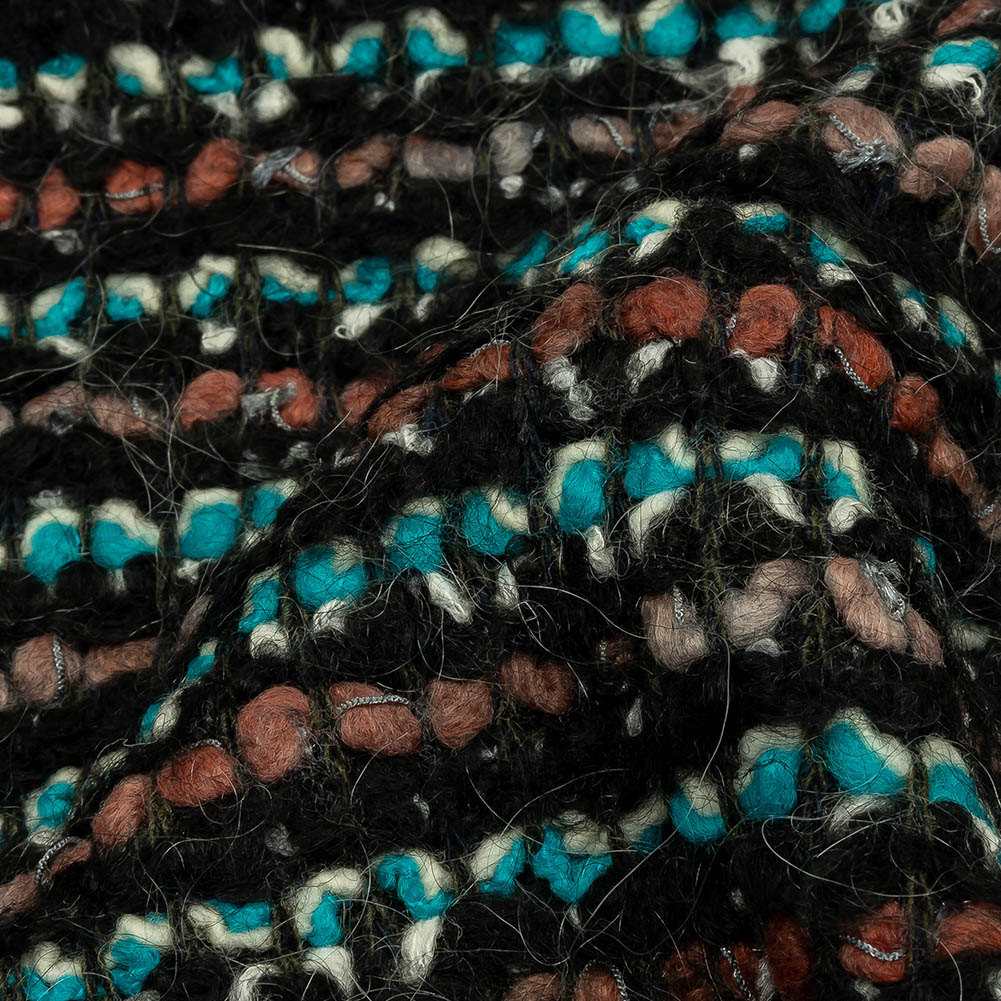 Russet, Turquoise and Black Boucle Stripes Chunky Wool Blend Sweater Knit Detail Russet, Turquoise and Black Boucle Stripes Chunky Wool Blend Sweater Knit Detail
