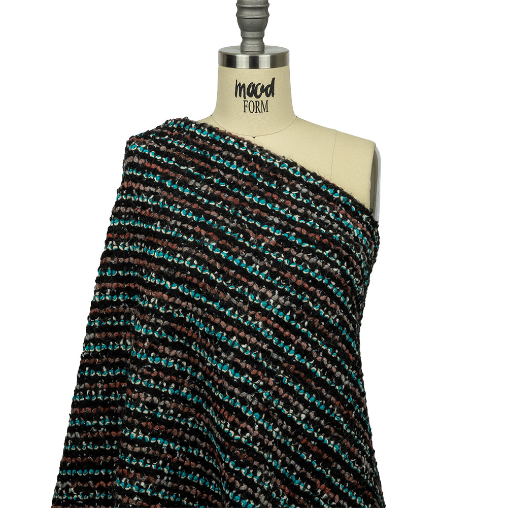 Russet, Turquoise and Black Boucle Stripes Chunky Wool Blend Sweater Knit Drape Russet, Turquoise and Black Boucle Stripes Chunky Wool Blend Sweater Knit Drape