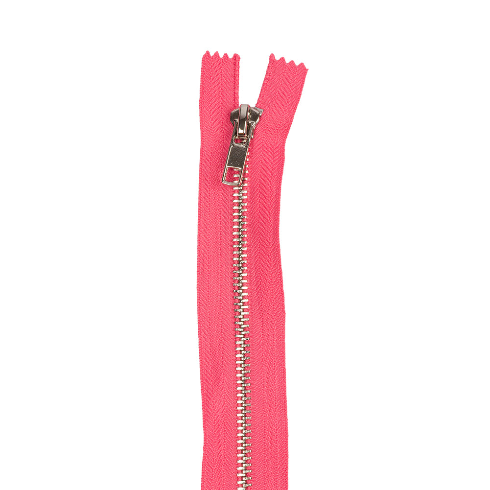 Neon Pink and Silver T5 Closed End Metal Zipper - 36" Detail Neon Pink and Silver T5 Closed End Metal Zipper - 36" Detail