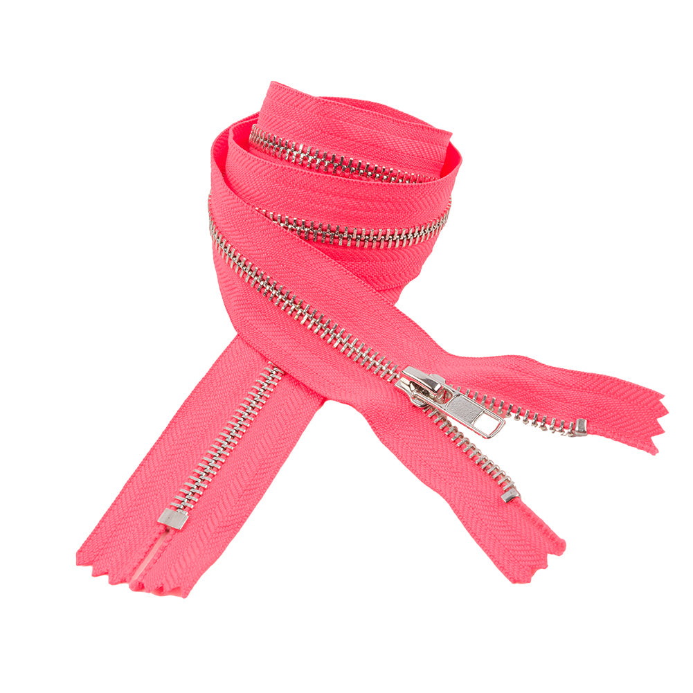 Neon Pink and Silver T5 Closed End Metal Zipper - 36" Neon Pink and Silver T5 Closed End Metal Zipper - 36"