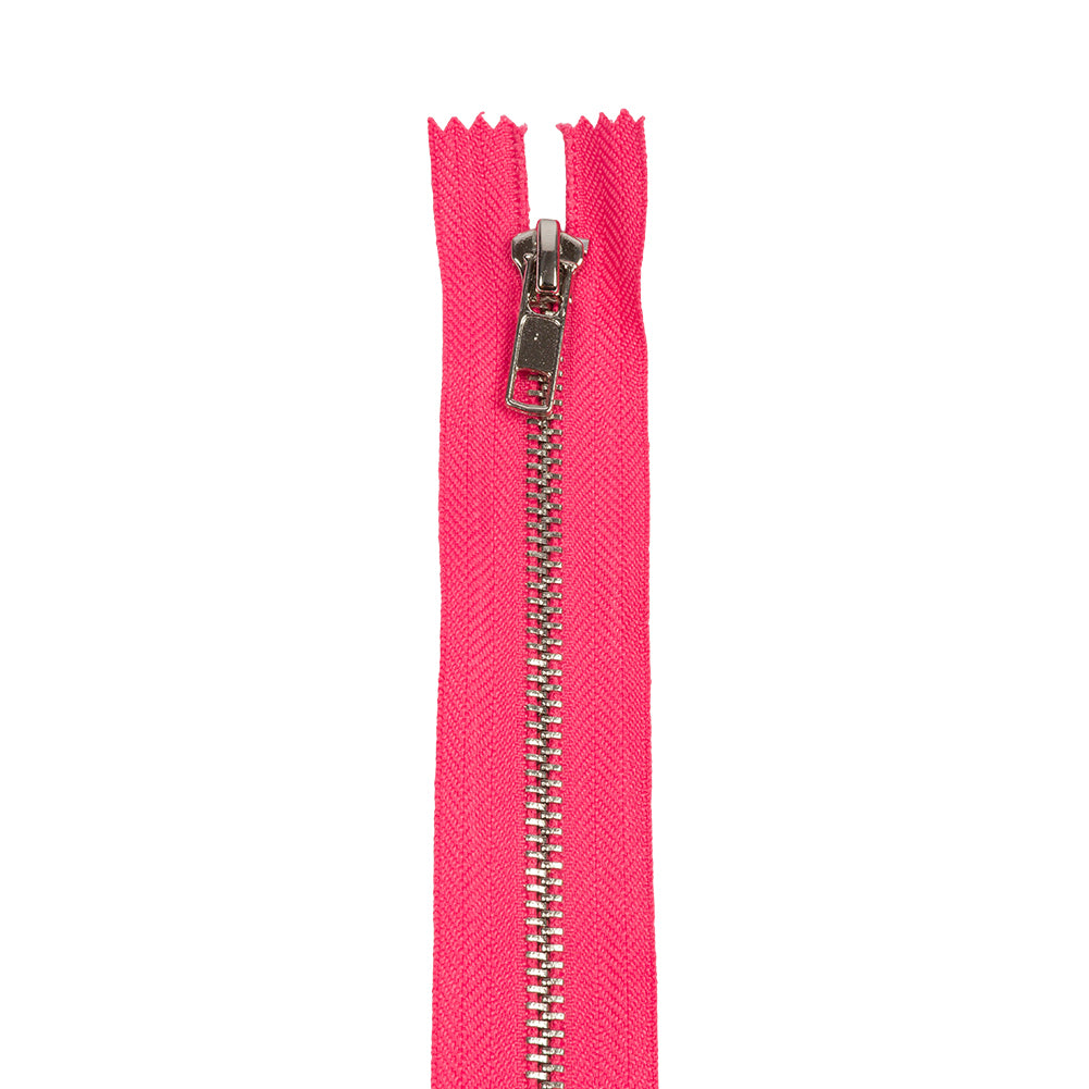 Hot Pink and Silver T5 Closed End Metal Zipper - 36" Detail Hot Pink and Silver T5 Closed End Metal Zipper - 36" Detail