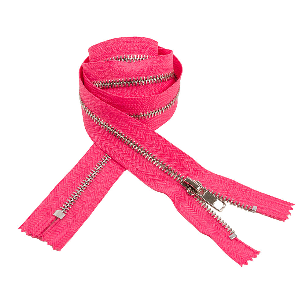 Hot Pink and Silver T5 Closed End Metal Zipper - 36" Hot Pink and Silver T5 Closed End Metal Zipper - 36"