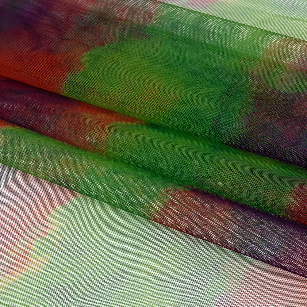 Greed, Red and Purple Abstract Watercolor Printed Tulle - Folded Greed, Red and Purple Abstract Watercolor Printed Tulle - Folded