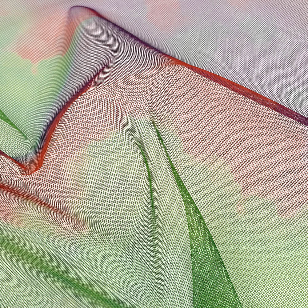 Greed, Red and Purple Abstract Watercolor Printed Tulle - Detail Greed, Red and Purple Abstract Watercolor Printed Tulle - Detail