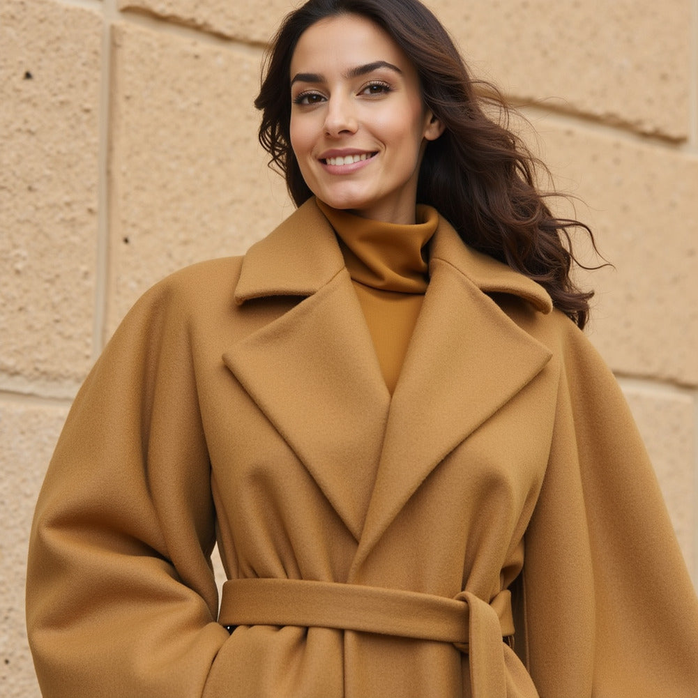 Wool and Cashmere Coating Made in Italy - Yellow Ochre - Alberini Collection - Editorial Wool and Cashmere Coating Made in Italy - Yellow Ochre - Alberini Collection - Editorial
