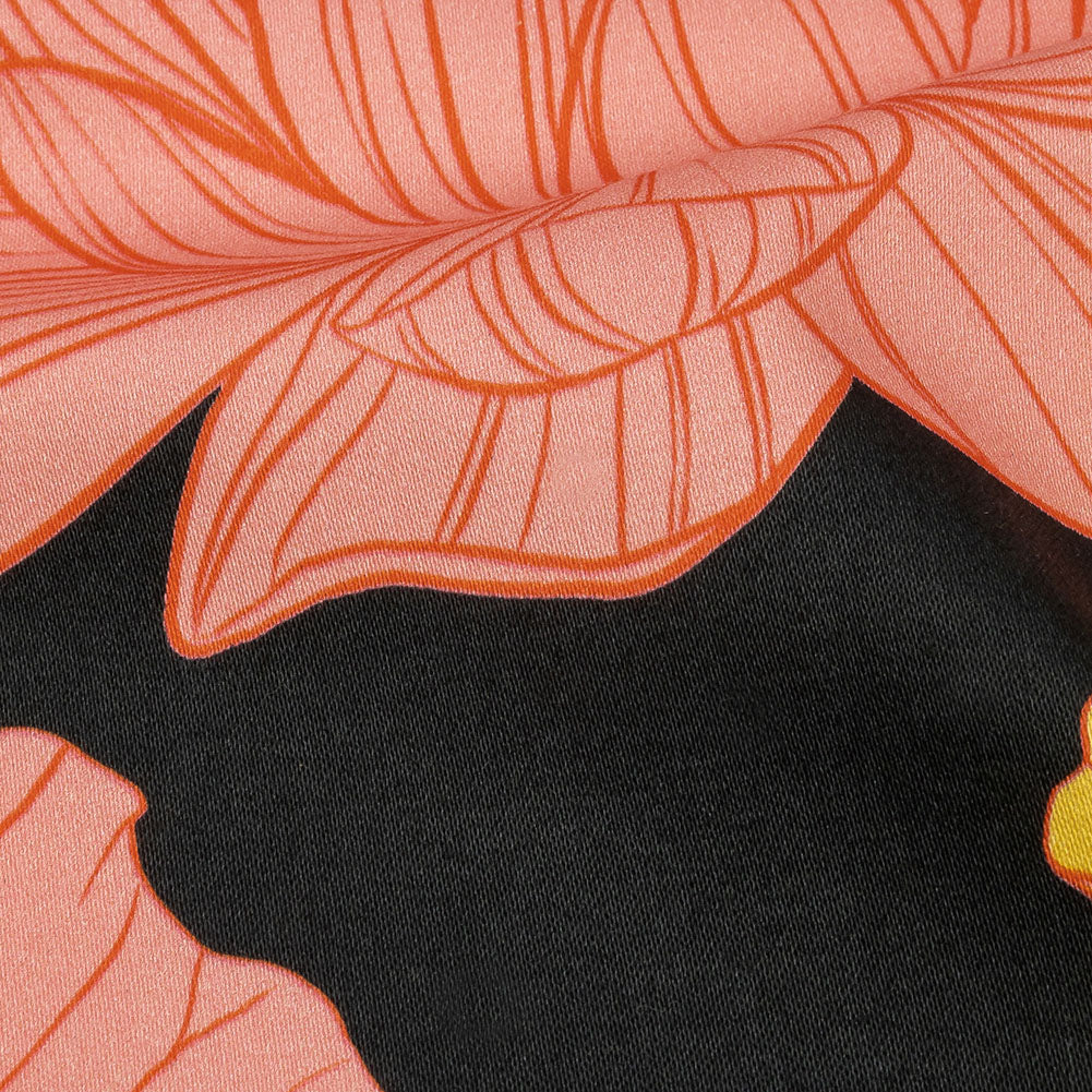 Stretch Cotton Sateen - Black, Pink and Yellow Floral - Valley of Lilies Print - Mood Exclusive Groove Collection Folded Stretch Cotton Sateen - Black, Pink and Yellow Floral - Valley of Lilies Print - Mood Exclusive Groove Collection Folded