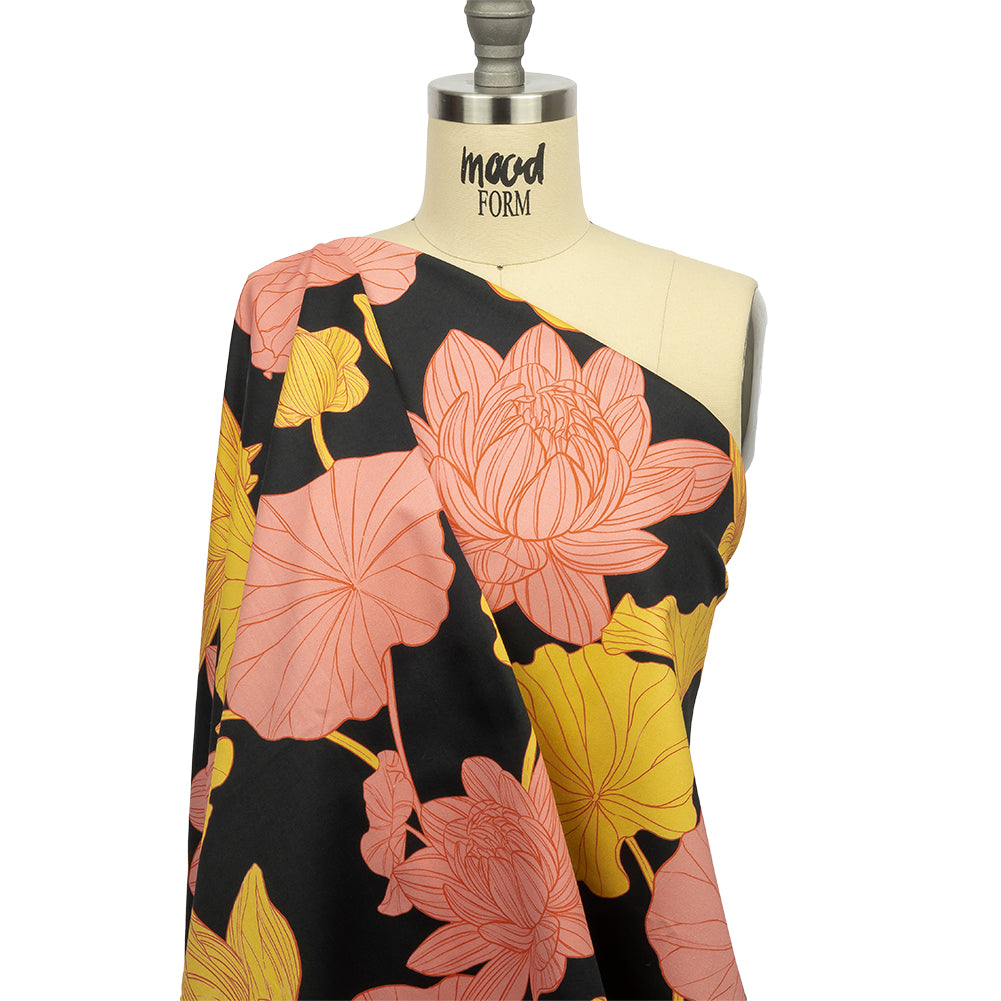Stretch Cotton Sateen - Black, Pink and Yellow Floral - Valley of Lilies Print - Mood Exclusive Groove Collection Detail Stretch Cotton Sateen - Black, Pink and Yellow Floral - Valley of Lilies Print - Mood Exclusive Groove Collection Detail