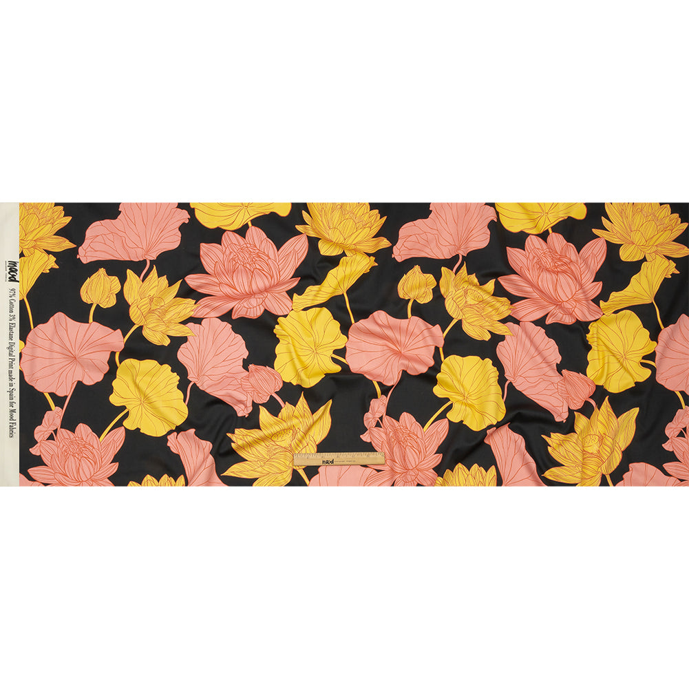 Stretch Cotton Sateen - Black, Pink and Yellow Floral - Valley of Lilies Print - Mood Exclusive Groove Collection Drape Stretch Cotton Sateen - Black, Pink and Yellow Floral - Valley of Lilies Print - Mood Exclusive Groove Collection Drape