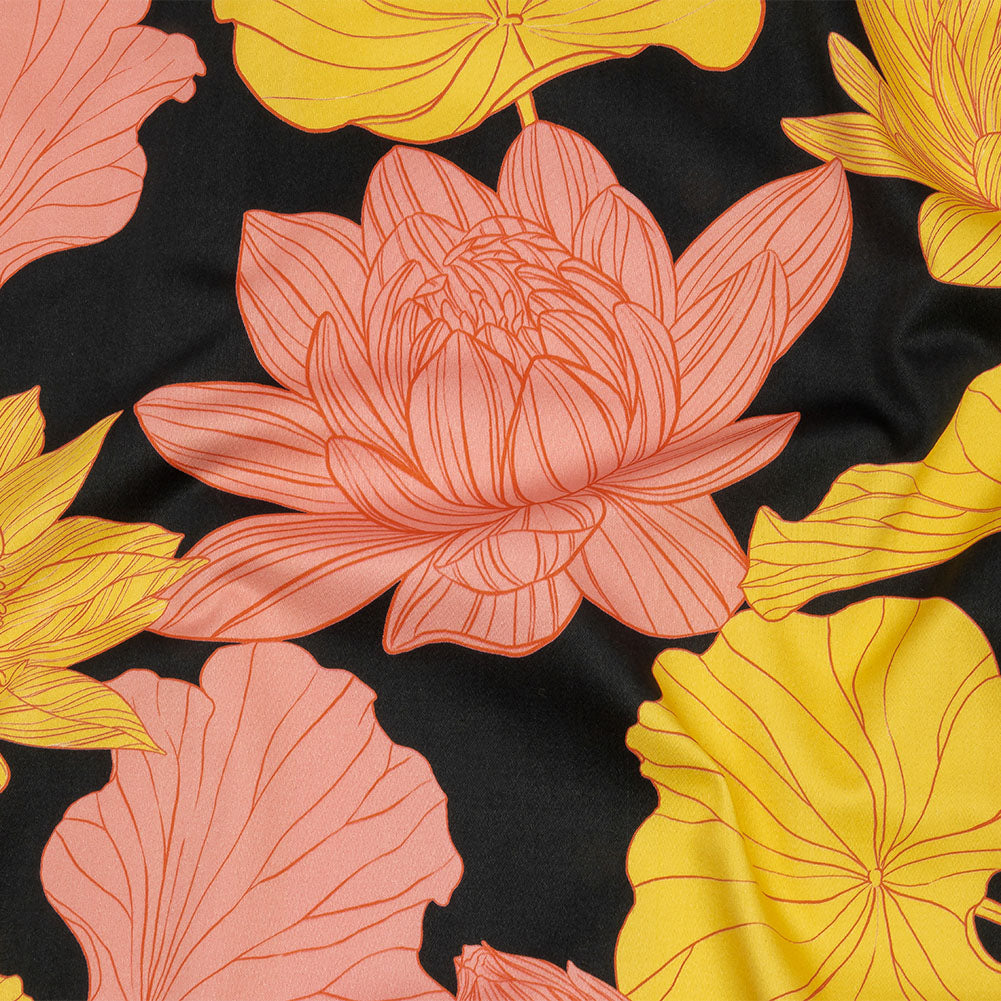 Stretch Cotton Sateen - Black, Pink and Yellow Floral - Valley of Lilies Print - Mood Exclusive Groove Collection Stretch Cotton Sateen - Black, Pink and Yellow Floral - Valley of Lilies Print - Mood Exclusive Groove Collection