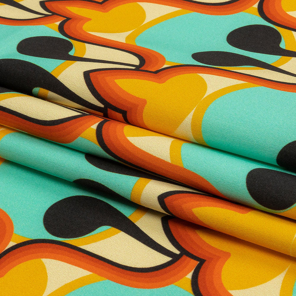 Stretch Cotton Sateen - Blue and Orange Abstract - Bohemian Bells Print - Mood Exclusive Groove Collection - Folded Stretch Cotton Sateen - Blue and Orange Abstract - Bohemian Bells Print - Mood Exclusive Groove Collection - Folded