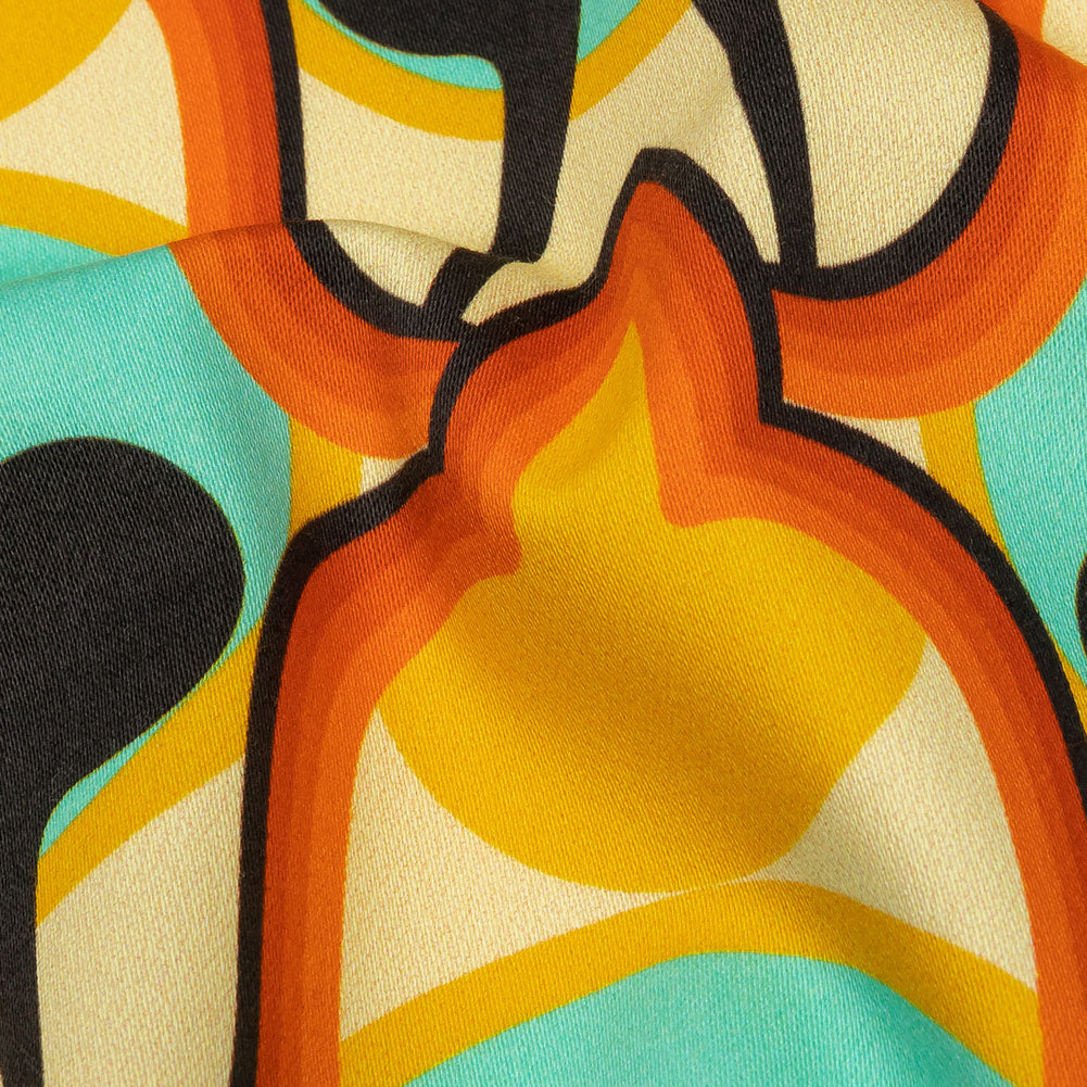 Stretch Cotton Sateen - Blue and Orange Abstract - Bohemian Bells Print - Mood Exclusive Groove Collection - Detail Stretch Cotton Sateen - Blue and Orange Abstract - Bohemian Bells Print - Mood Exclusive Groove Collection - Detail