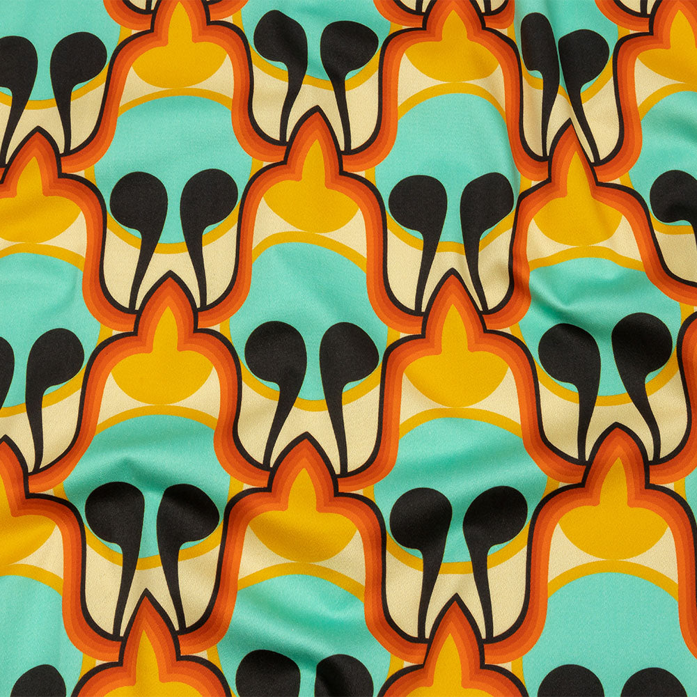 Stretch Cotton Sateen - Blue and Orange Abstract - Bohemian Bells Print - Mood Exclusive Groove Collection Stretch Cotton Sateen - Blue and Orange Abstract - Bohemian Bells Print - Mood Exclusive Groove Collection