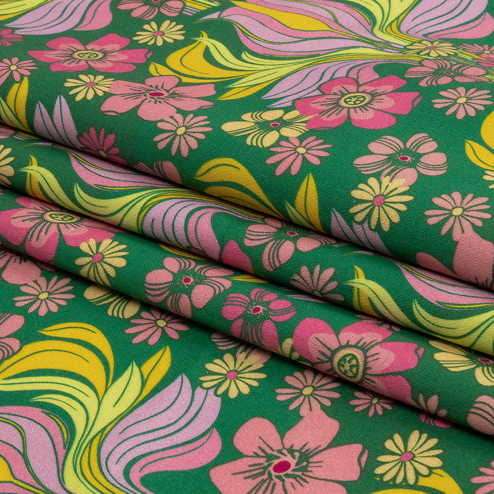 Stretch Cotton Sateen - Green Floral Rows - Flower Shower Print - Mood Exclusive Groove Collection - Folded Stretch Cotton Sateen - Green Floral Rows - Flower Shower Print - Mood Exclusive Groove Collection - Folded