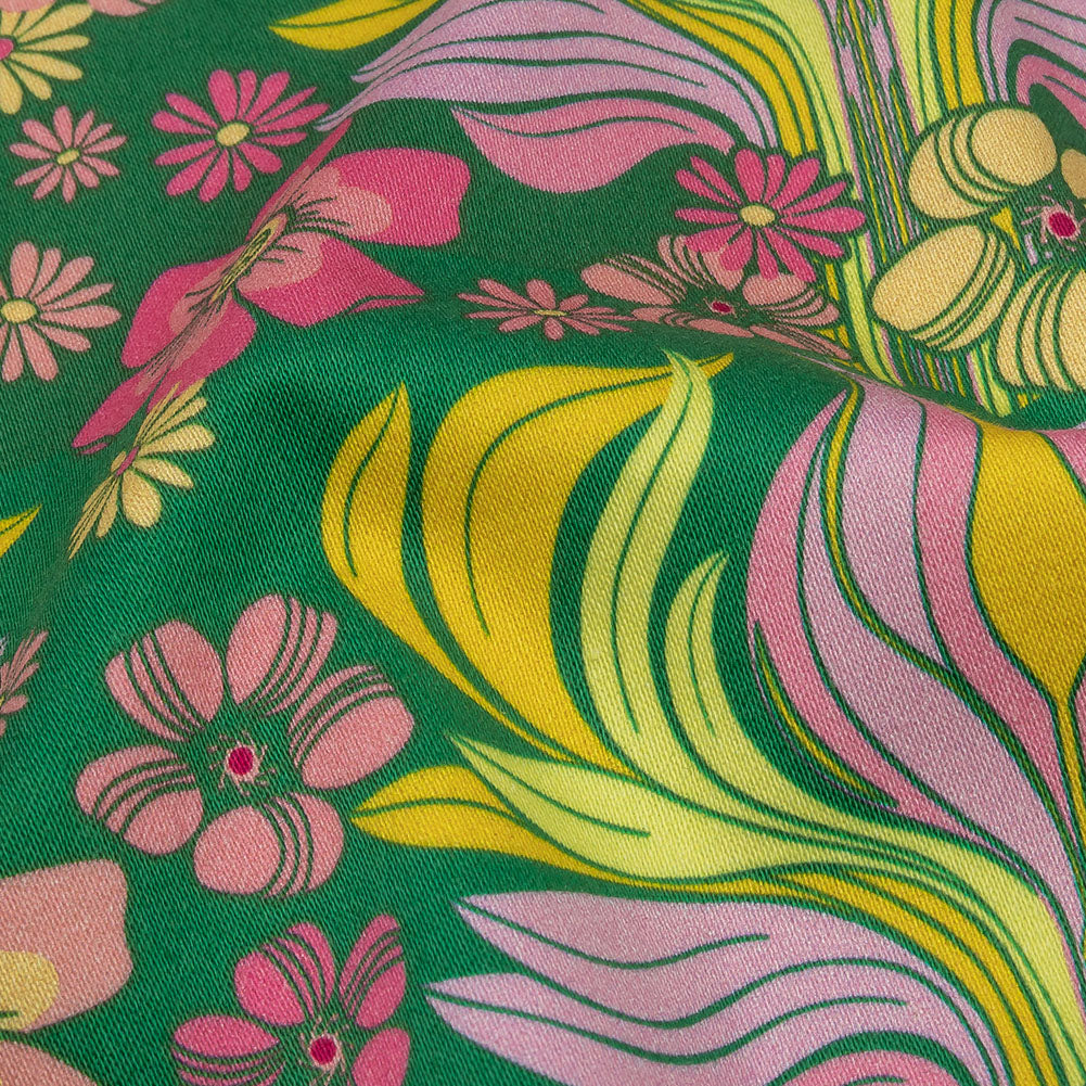 Stretch Cotton Sateen - Green Floral Rows - Flower Shower Print - Mood Exclusive Groove Collection - Detail Stretch Cotton Sateen - Green Floral Rows - Flower Shower Print - Mood Exclusive Groove Collection - Detail