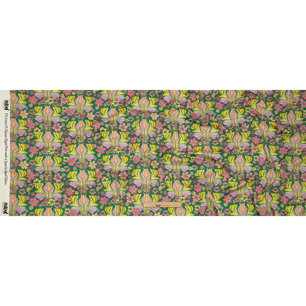 Stretch Cotton Sateen - Green Floral Rows - Flower Shower Print - Mood Exclusive Groove Collection - Full Stretch Cotton Sateen - Green Floral Rows - Flower Shower Print - Mood Exclusive Groove Collection - Full