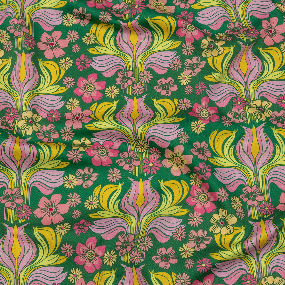 Stretch Cotton Sateen - Green Floral Rows - Flower Shower Print - Mood Exclusive Groove Collection Stretch Cotton Sateen - Green Floral Rows - Flower Shower Print - Mood Exclusive Groove Collection