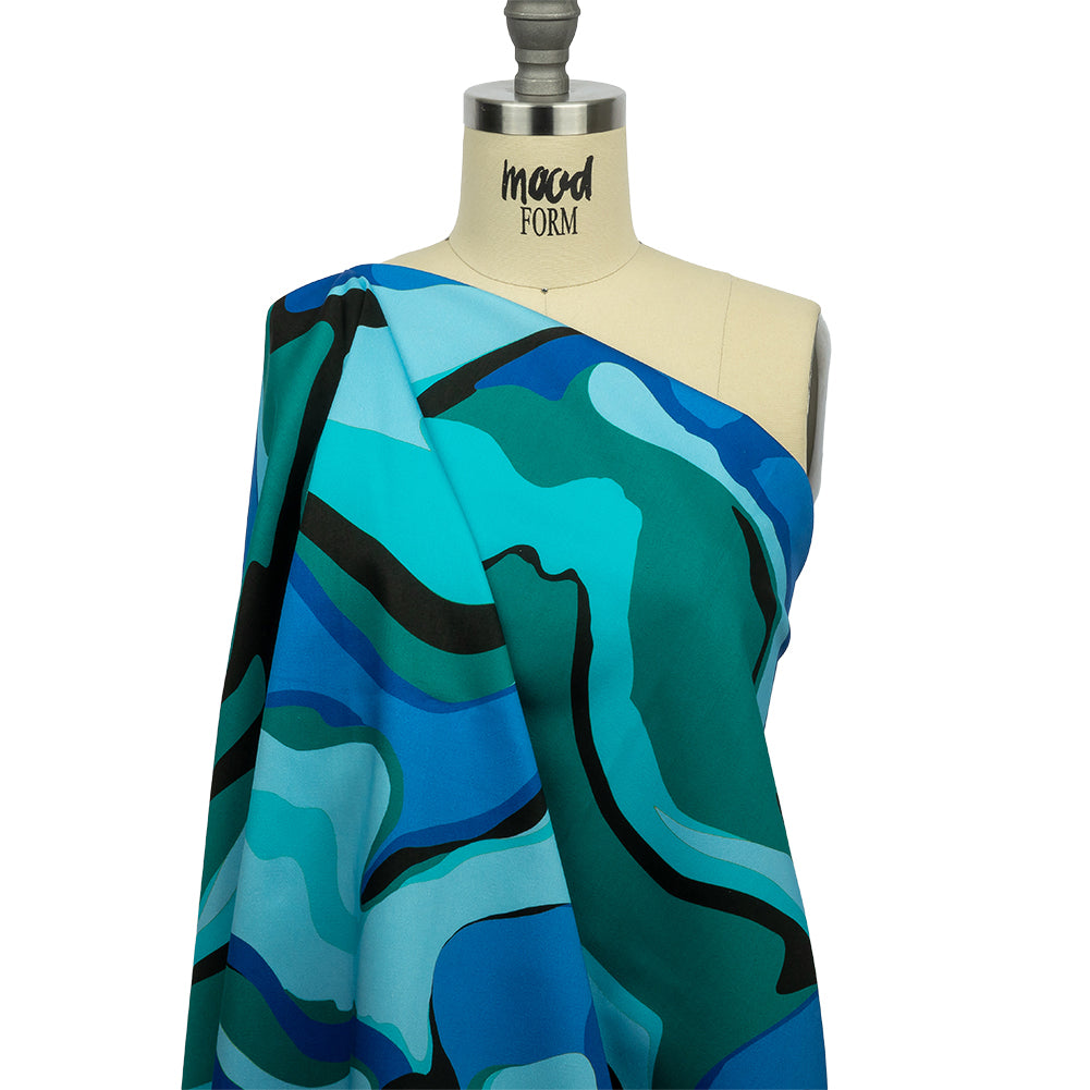 Stretch Cotton Sateen - Blue Abstract - Seen and Unseen Print - Mood Exclusive Groove Collection - Drape Stretch Cotton Sateen - Blue Abstract - Seen and Unseen Print - Mood Exclusive Groove Collection - Drape