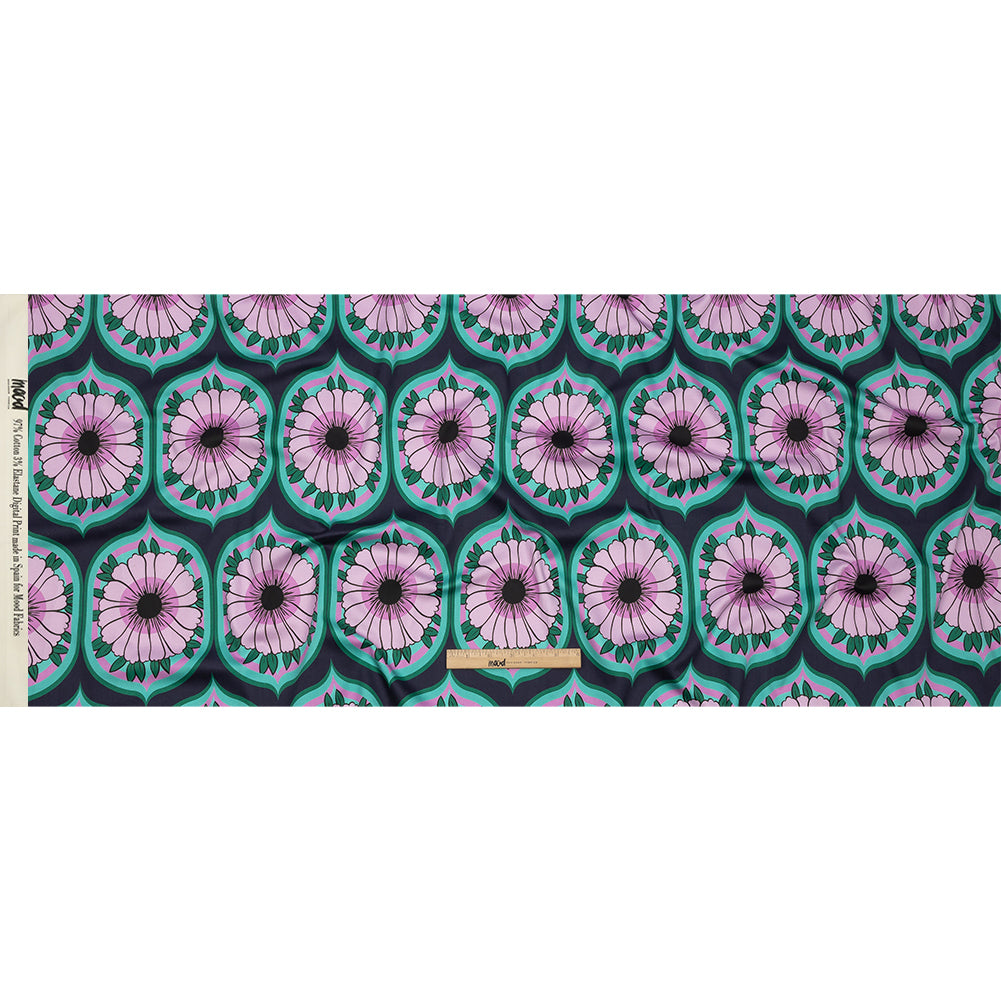 Stretch Cotton Sateen - Lavender and Teal Floral Ogees - Sunrise Divine Print - Mood Exclusive Groove Collection - Full Stretch Cotton Sateen - Lavender and Teal Floral Ogees - Sunrise Divine Print - Mood Exclusive Groove Collection - Full