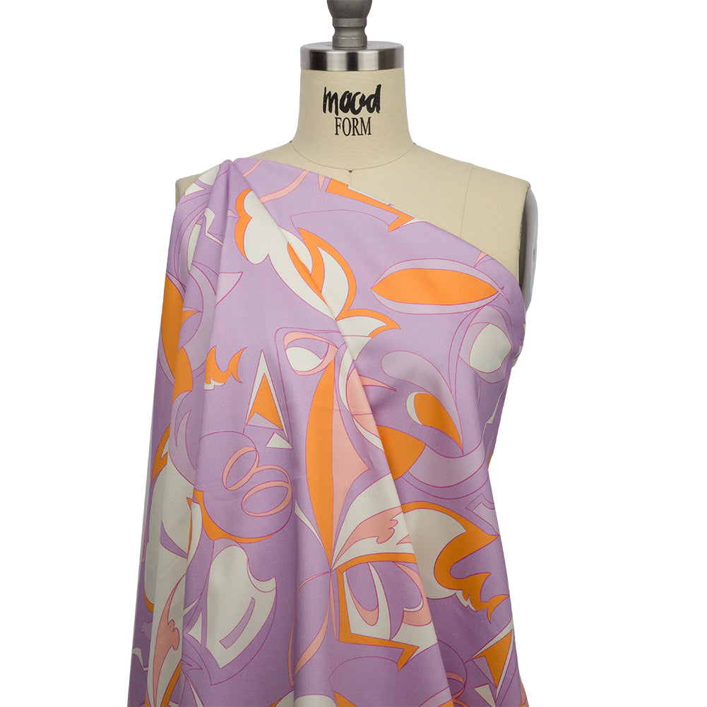 Stretch Cotton Sateen - Lilac and Orange Abstract - Lost at Last Print - Mood Exclusive Groove Collection - Drape Stretch Cotton Sateen - Lilac and Orange Abstract - Lost at Last Print - Mood Exclusive Groove Collection - Drape