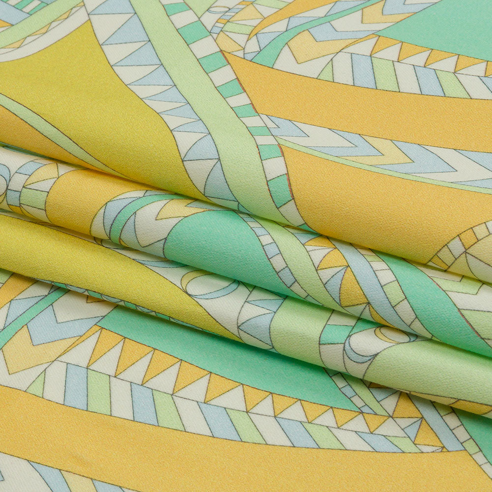 Stretch Cotton Sateen - Green and Blue Geometric Abstract - Lizard Leap Print - Mood Exclusive Groove Collection - Folded Stretch Cotton Sateen - Green and Blue Geometric Abstract - Lizard Leap Print - Mood Exclusive Groove Collection - Folded