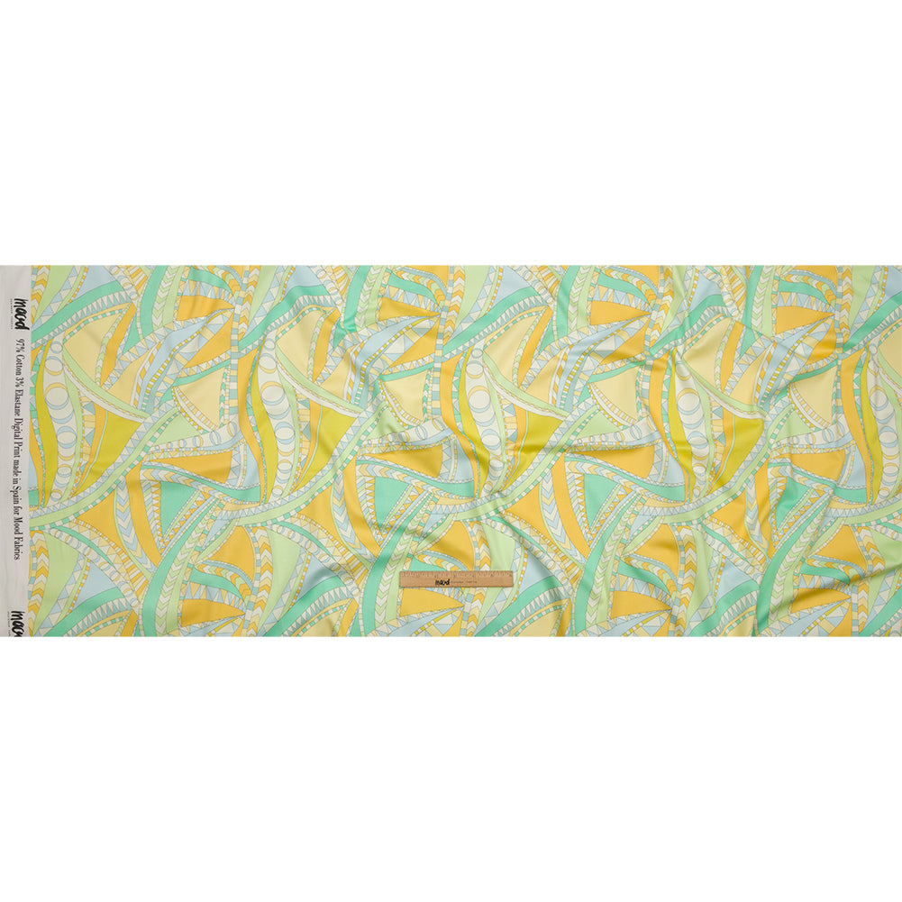 Stretch Cotton Sateen - Green and Blue Geometric Abstract - Lizard Leap Print - Mood Exclusive Groove Collection - Full Stretch Cotton Sateen - Green and Blue Geometric Abstract - Lizard Leap Print - Mood Exclusive Groove Collection - Full