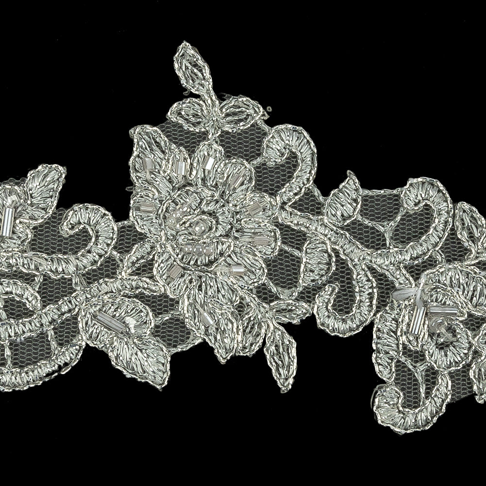Silver Floral Beaded Bridal Lace Trim with Silver Cording - 2.5" Detail Silver Floral Beaded Bridal Lace Trim with Silver Cording - 2.5" Detail