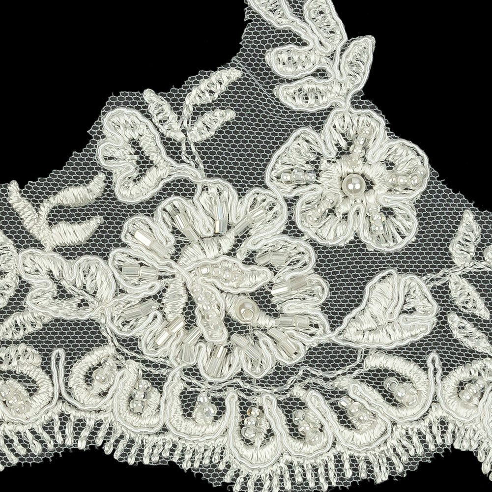 Off White Scalloped Floral Beaded and Corded Bridal Lace Trim - 3.5" Detail Off White Scalloped Floral Beaded and Corded Bridal Lace Trim - 3.5" Detail