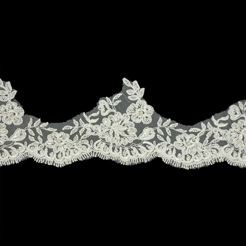 Off White Scalloped Floral Beaded and Corded Bridal Lace Trim - 3.5" Off White Scalloped Floral Beaded and Corded Bridal Lace Trim - 3.5"
