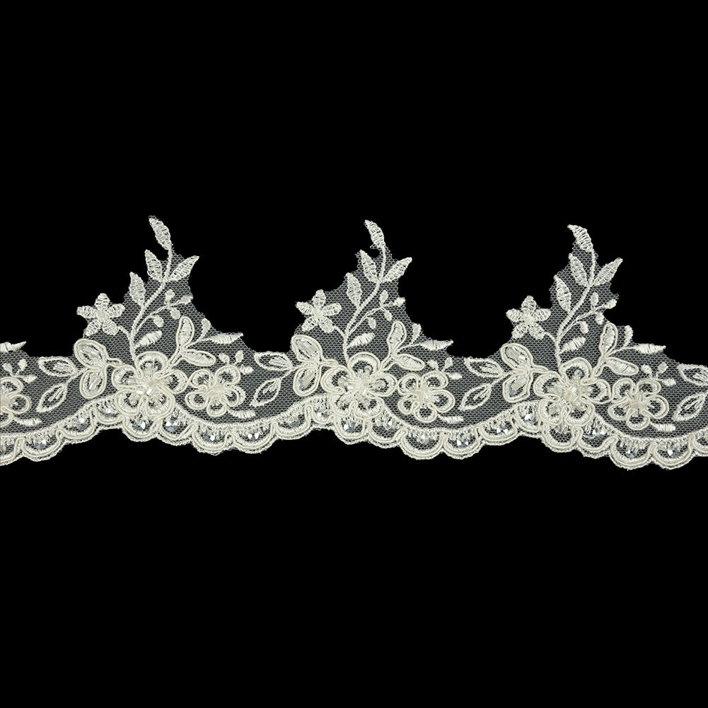 Off White Floral Beaded and Corded Scalloped Bridal Lace Trim - 3.5" Off White Floral Beaded and Corded Scalloped Bridal Lace Trim - 3.5"