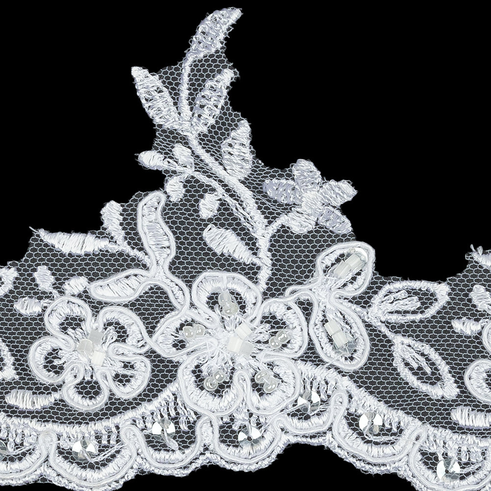 White Floral Beaded and Corded Scalloped Bridal Lace Trim - 3.5" Detail White Floral Beaded and Corded Scalloped Bridal Lace Trim - 3.5" Detail