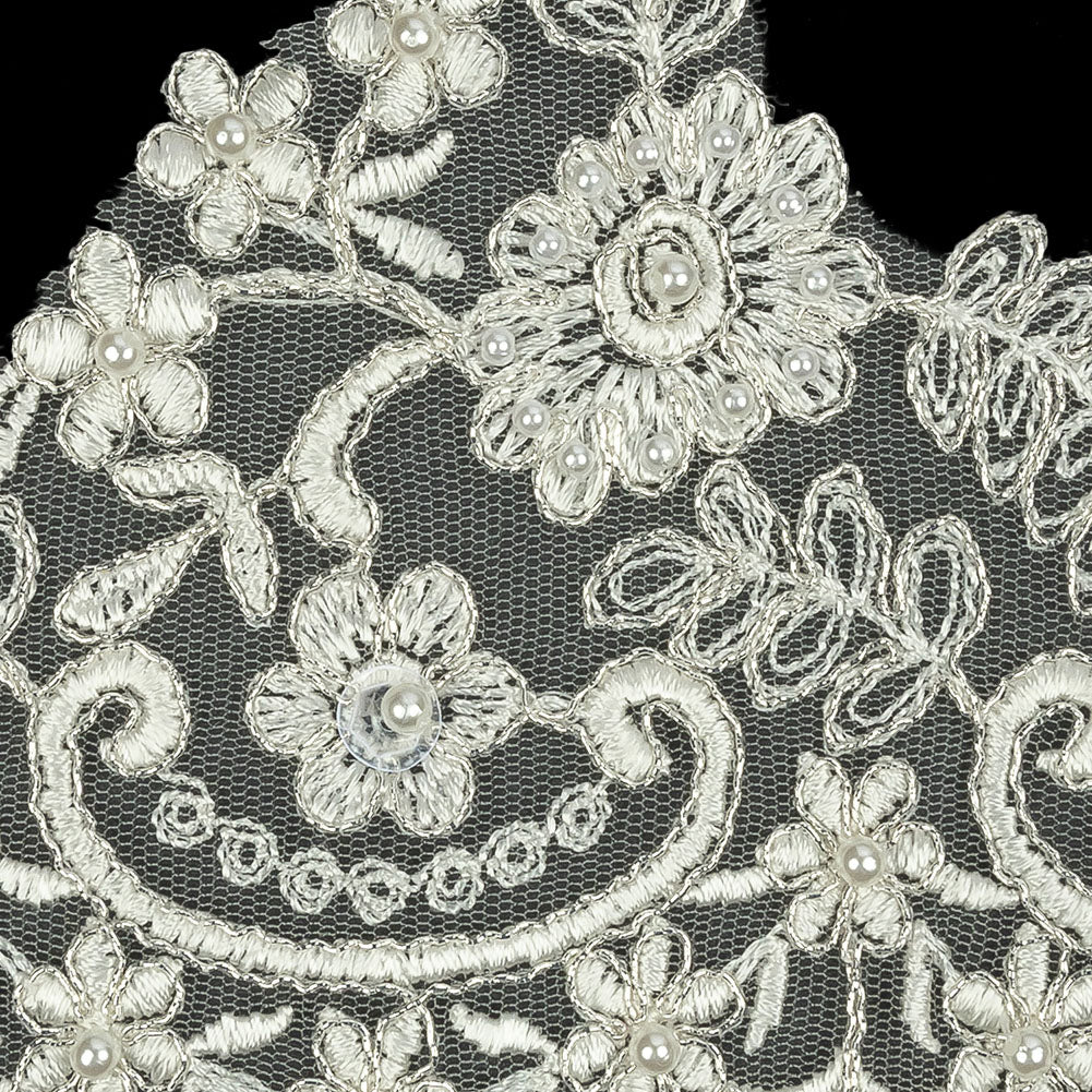 Off White and Metallic Silver Floral and Scalloped Bridal Lace Trim with Faux Pearl Beads - 5.5" Detail Off White and Metallic Silver Floral and Scalloped Bridal Lace Trim with Faux Pearl Beads - 5.5" Detail