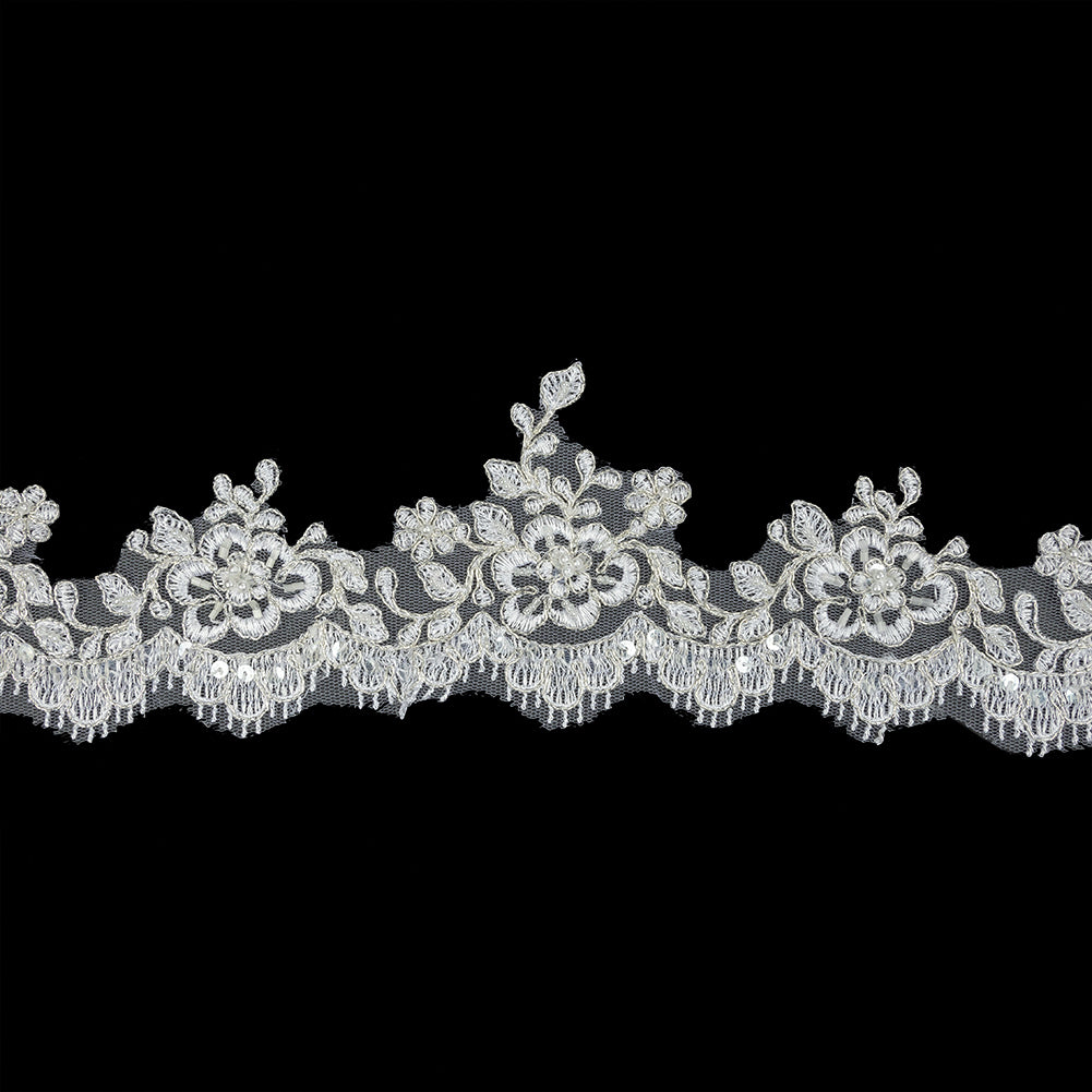 White and Metallic Silver Floral and Fringed Scallops Corded Bridal Lace Trim with Faux Pearl Beads - 3.5" White and Metallic Silver Floral and Fringed Scallops Corded Bridal Lace Trim with Faux Pearl Beads - 3.5"