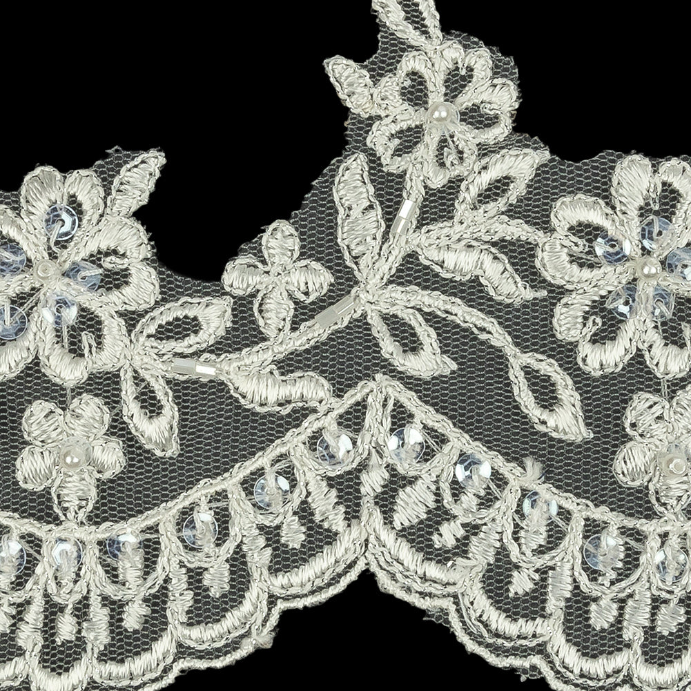 Off White and Striped Metallic Silver Floral and Scalloped Edge Corded Bridal Lace Trim with Sequins and Faux Pearl Beads - 3.5" Detail Off White and Striped Metallic Silver Floral and Scalloped Edge Corded Bridal Lace Trim with Sequins and Faux Pearl Beads - 3.5" Detail
